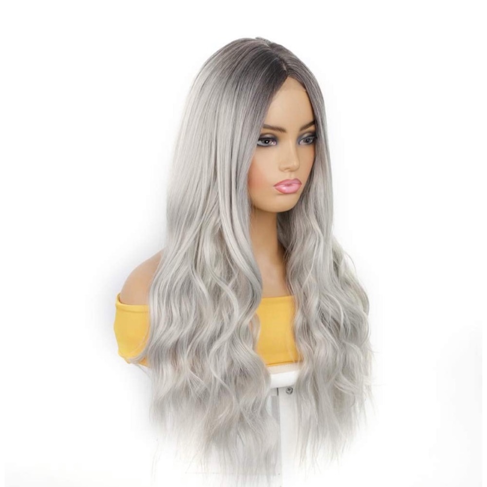 26” Dark Roots Ombre Gray Curly Synthetic Wig - Picture 5 of 6